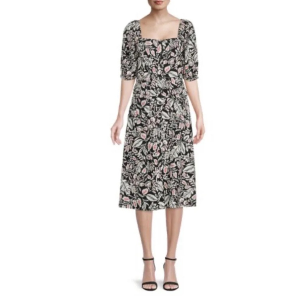 BCBGMAXAZRIA Black White Floral Fit Flare PuffSleeves Front Button Down Dress 10